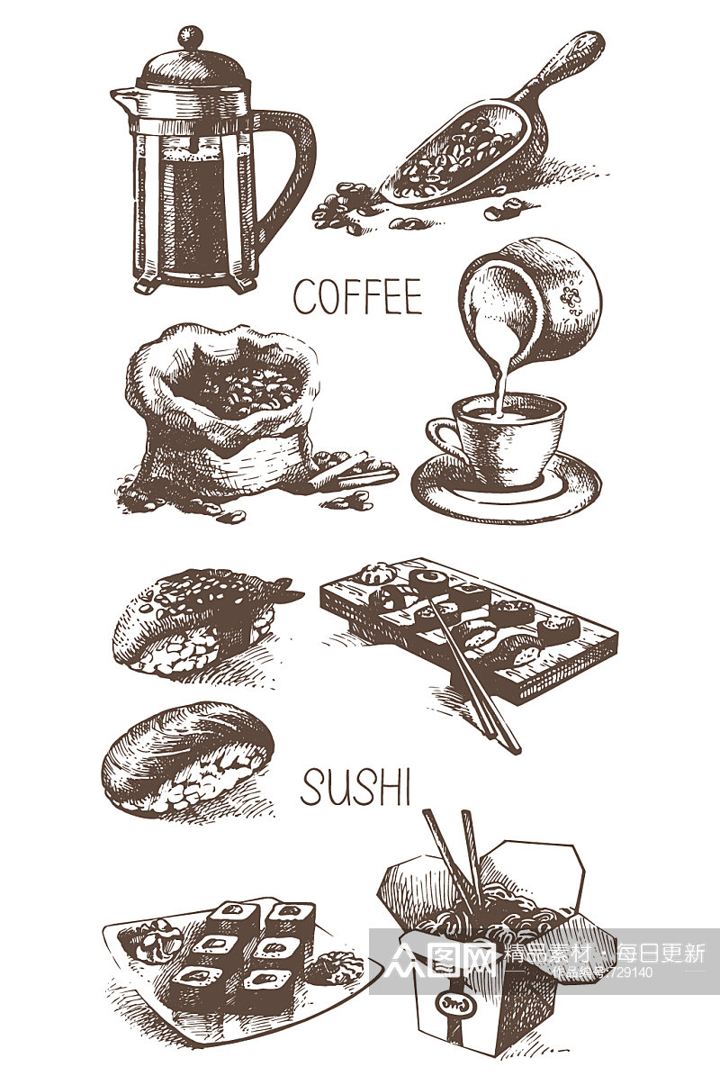 手绘素描咖啡寿司元素素材