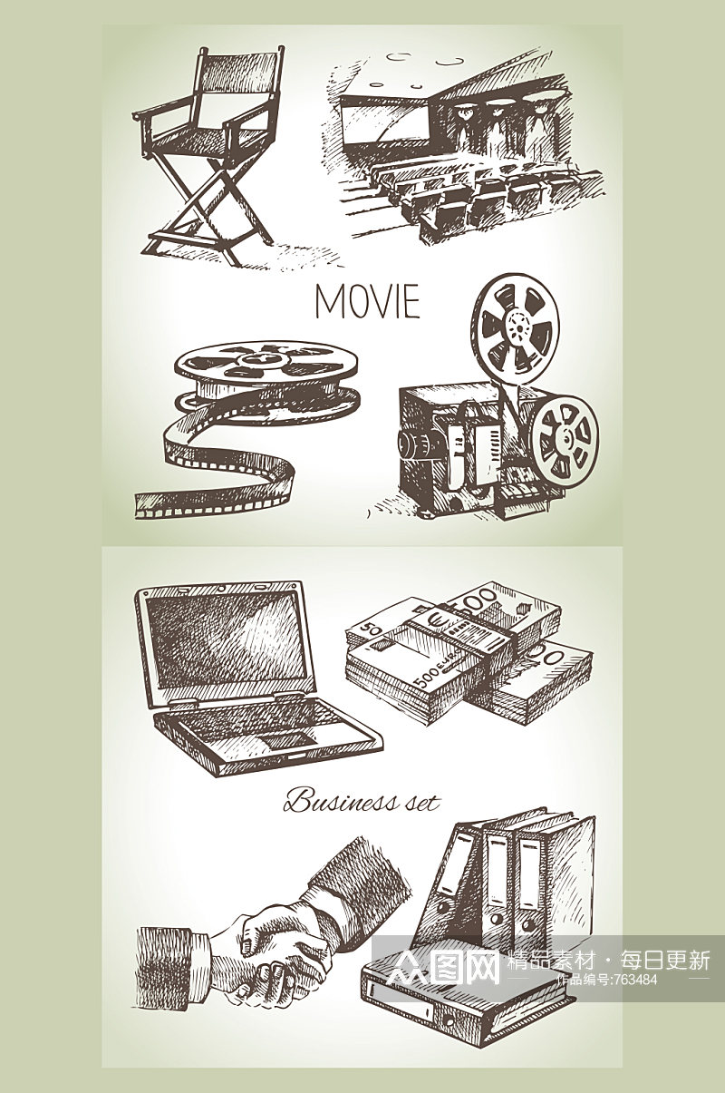 老电影商业合作素描插画元素素材