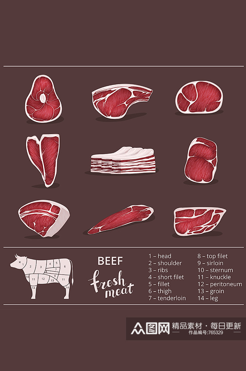 牛肉分割部位矢量插图素材