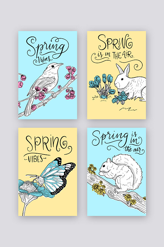 春天你好松鼠画眉兔子蝴蝶卡片