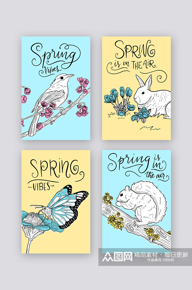 春天你好松鼠画眉兔子蝴蝶卡片素材