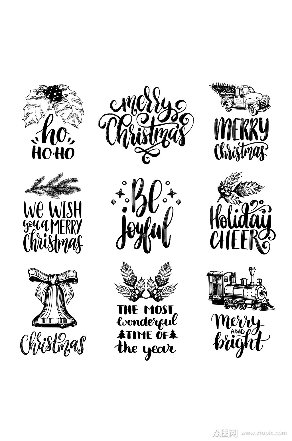 复古手绘黑白圣诞节元素模板下载-编号773928-众图网