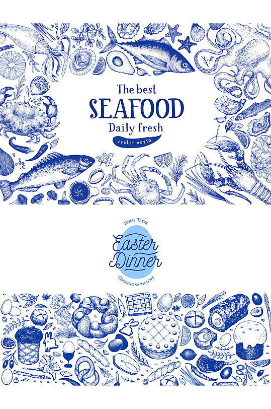 海鲜蓝色手绘元素