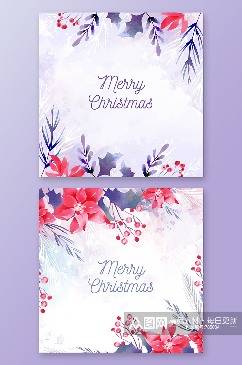 水墨水彩圣诞节花卉卡片元素素材