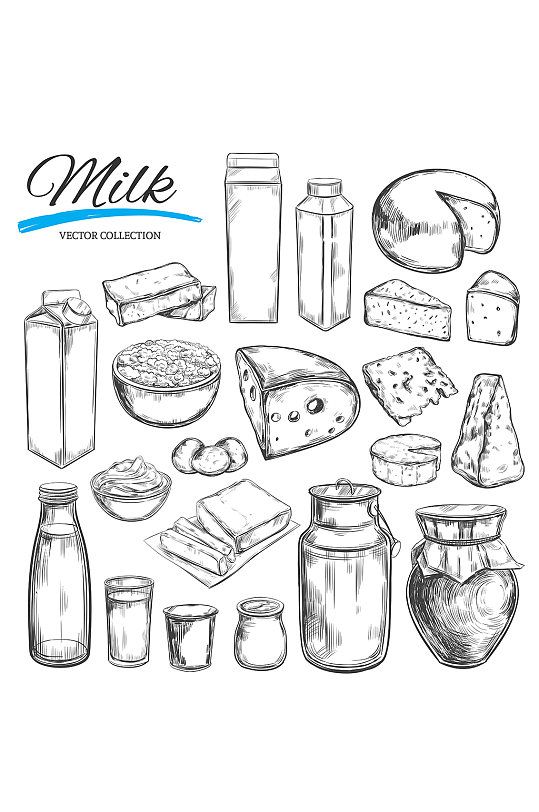 黑白素描牛奶制品元素