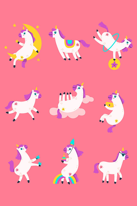 可爱梦幻独角兽插画元素-众图网