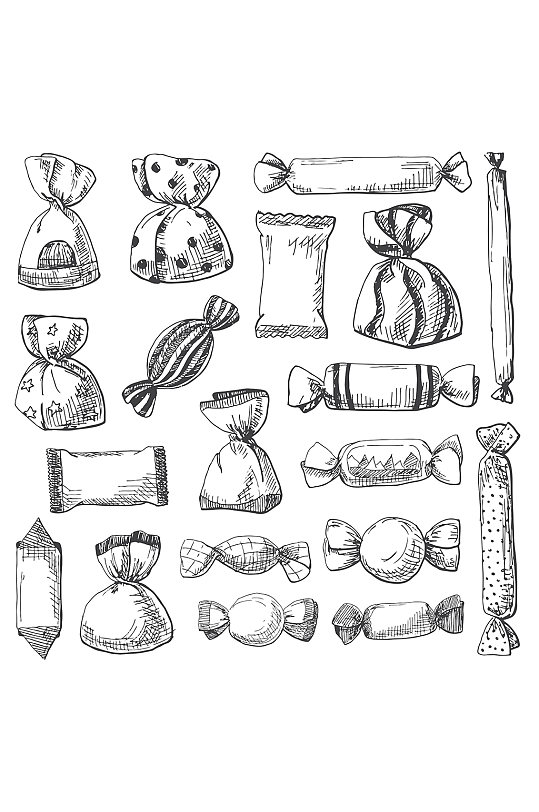 手绘黑白线描糖果矢量元素