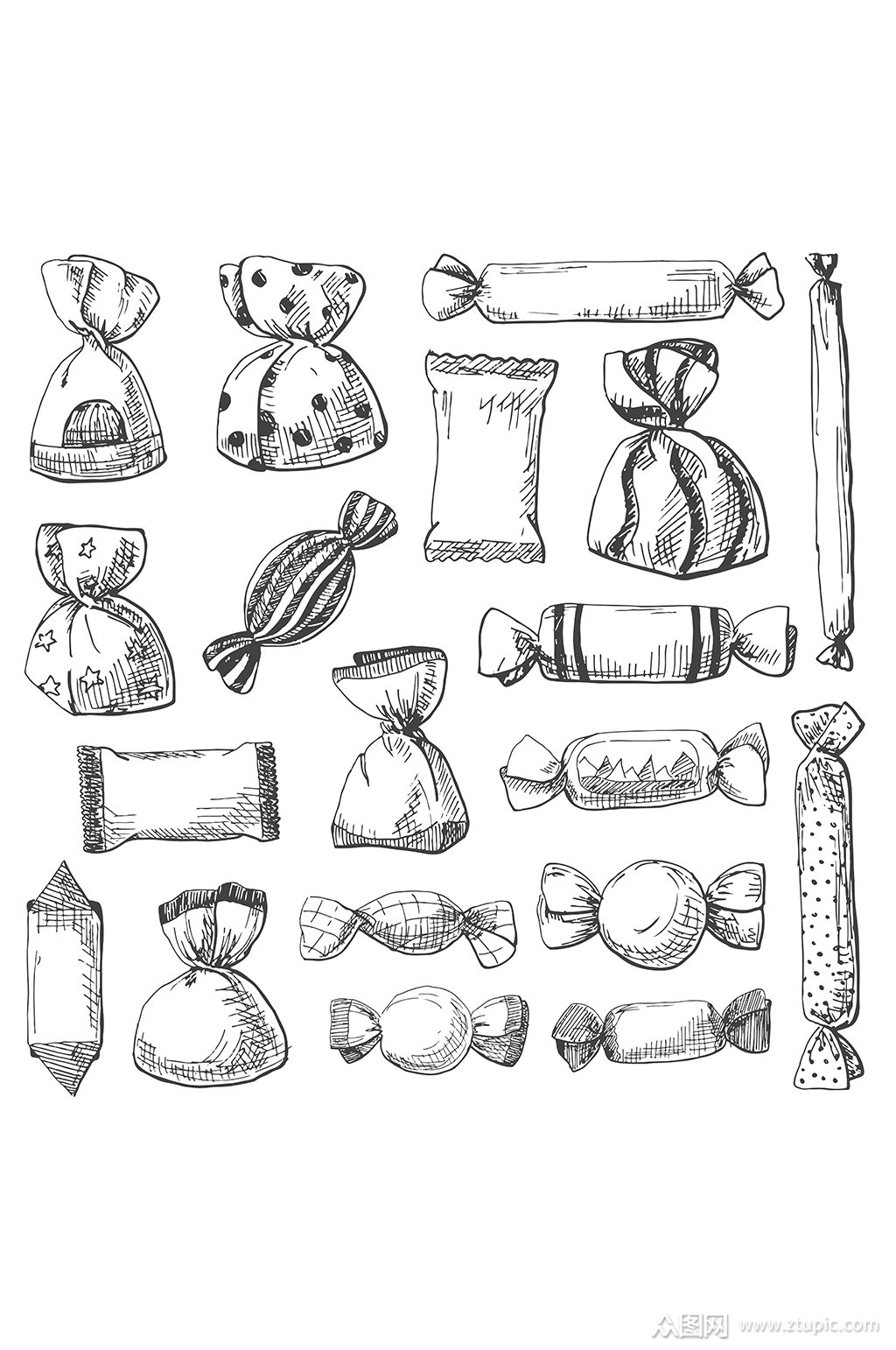 手绘黑白线描糖果矢量元素