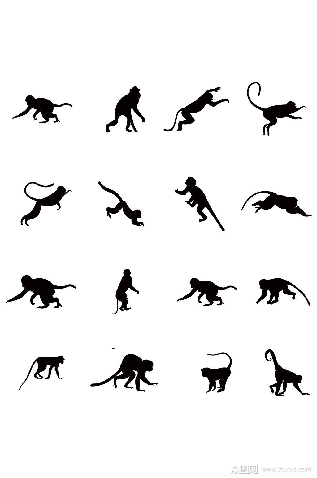 猴子矢量黑色剪影元素素材
