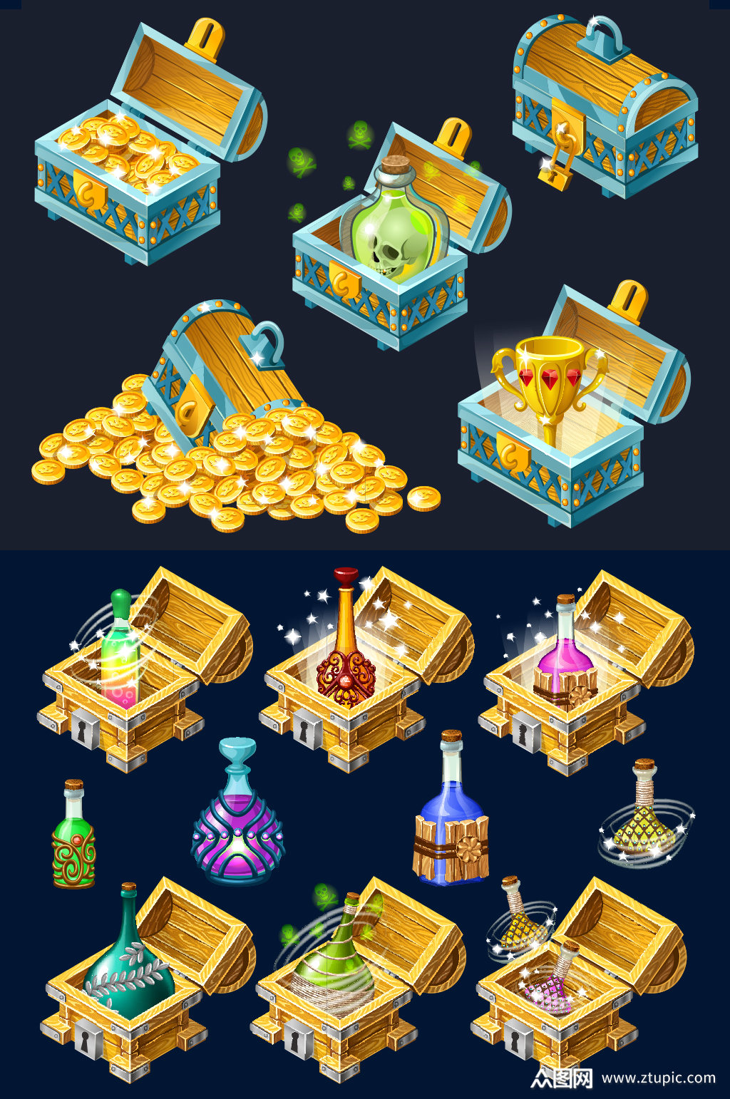 财宝宝藏箱金币魔药矢量元素素材