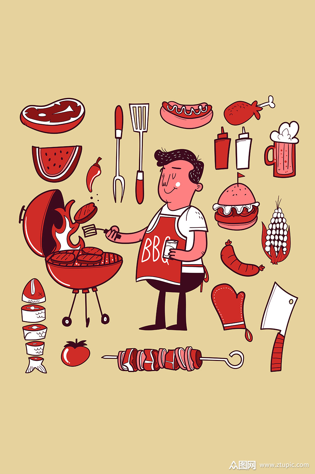 烧烤bbq牛肉香肠矢量元素