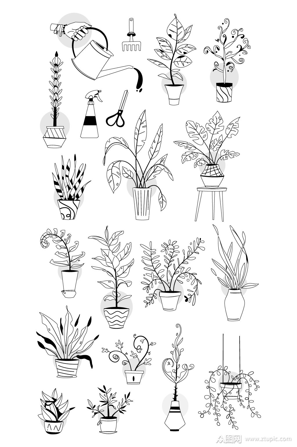 手绘线描绿植花卉盆栽矢量元素