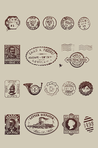 复古欧式邮票与邮戳元素