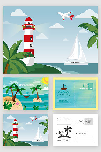 夏日海港沙滩风景明信片卡片元素