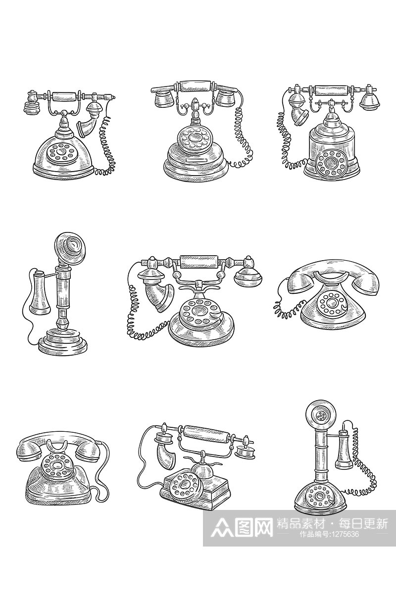 线描手绘复古电话机素材
