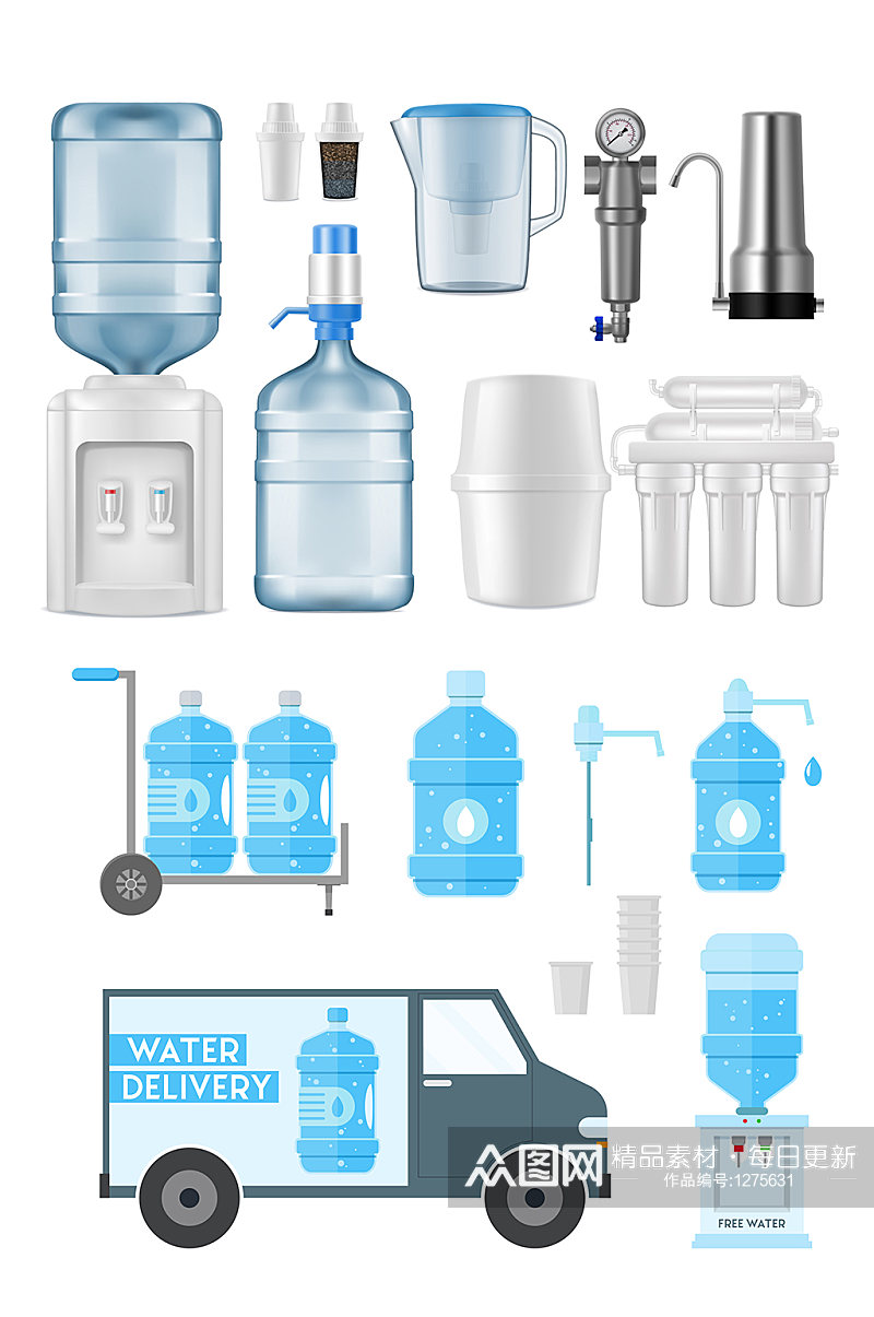 饮水机与纯净水送货矢量元素素材