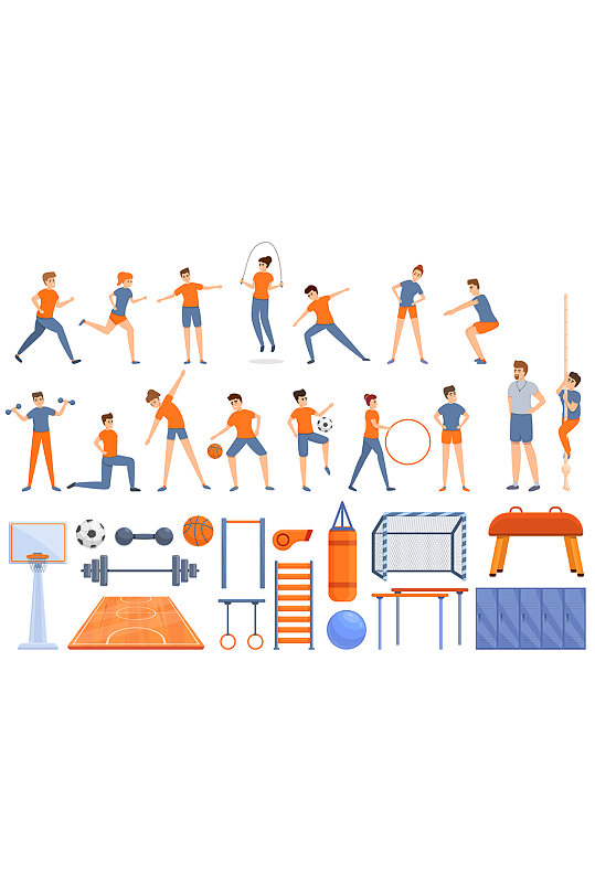 体育体操健身锻炼矢量器材与人物插画