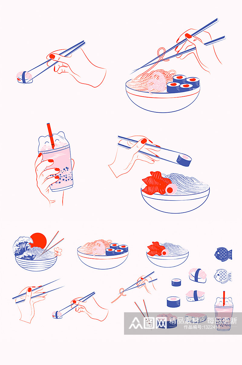 手绘拉面寿司矢量插画元素素材