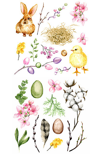 手绘可爱小动物花卉水彩元素