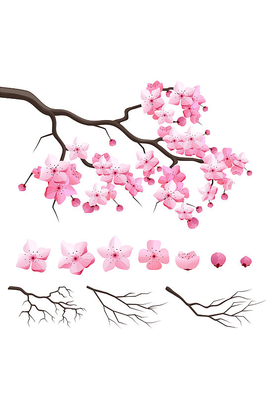 樱花手绘花瓣树枝元素