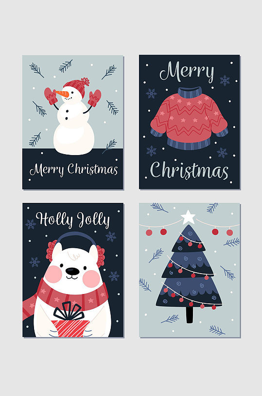 圣诞节雪人白熊圣诞树矢量元素卡片