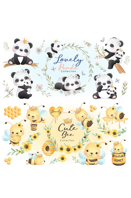 可爱小熊猫蜜蜂复古卡通元素