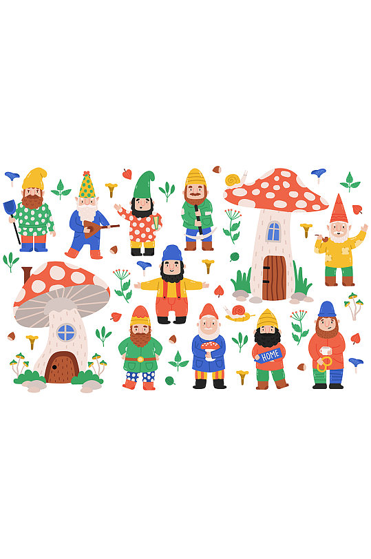 小矮人与蘑菇屋童话卡通元素