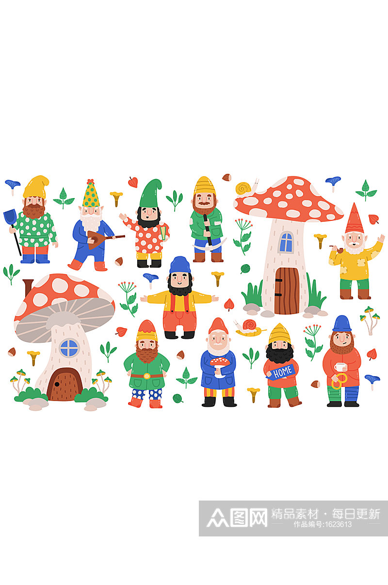 小矮人与蘑菇屋童话卡通元素素材