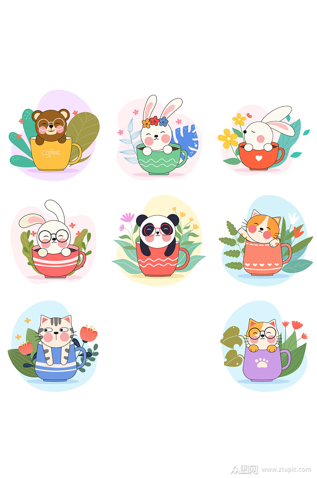 可爱茶杯小动物元素素材