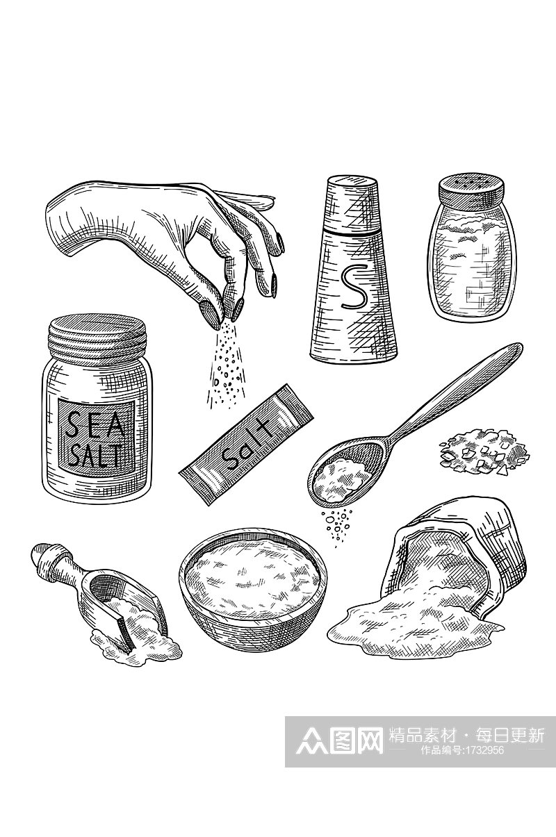 调料盐撒盐手绘黑白插画设计元素素材