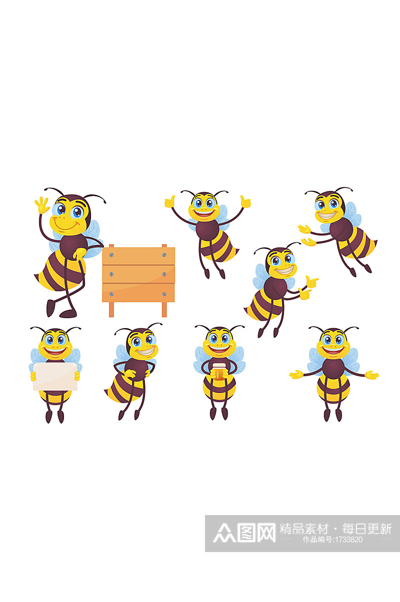 可爱小蜜蜂表情动作矢量元素素材