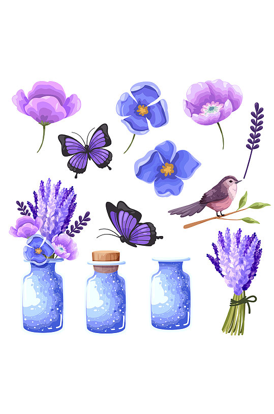 梦幻紫色薰衣草与蝴蝶元素