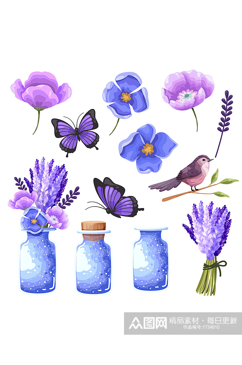 梦幻紫色薰衣草与蝴蝶元素素材