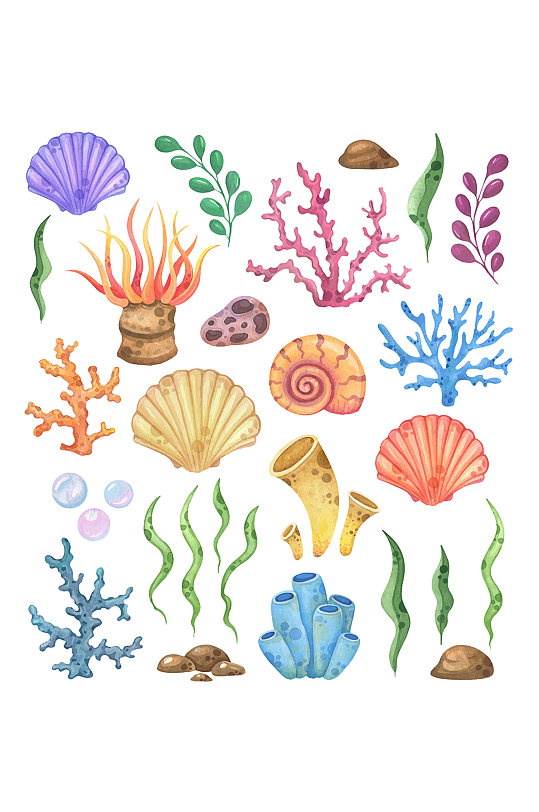 海洋物生珊瑚海草扇贝矢量元素