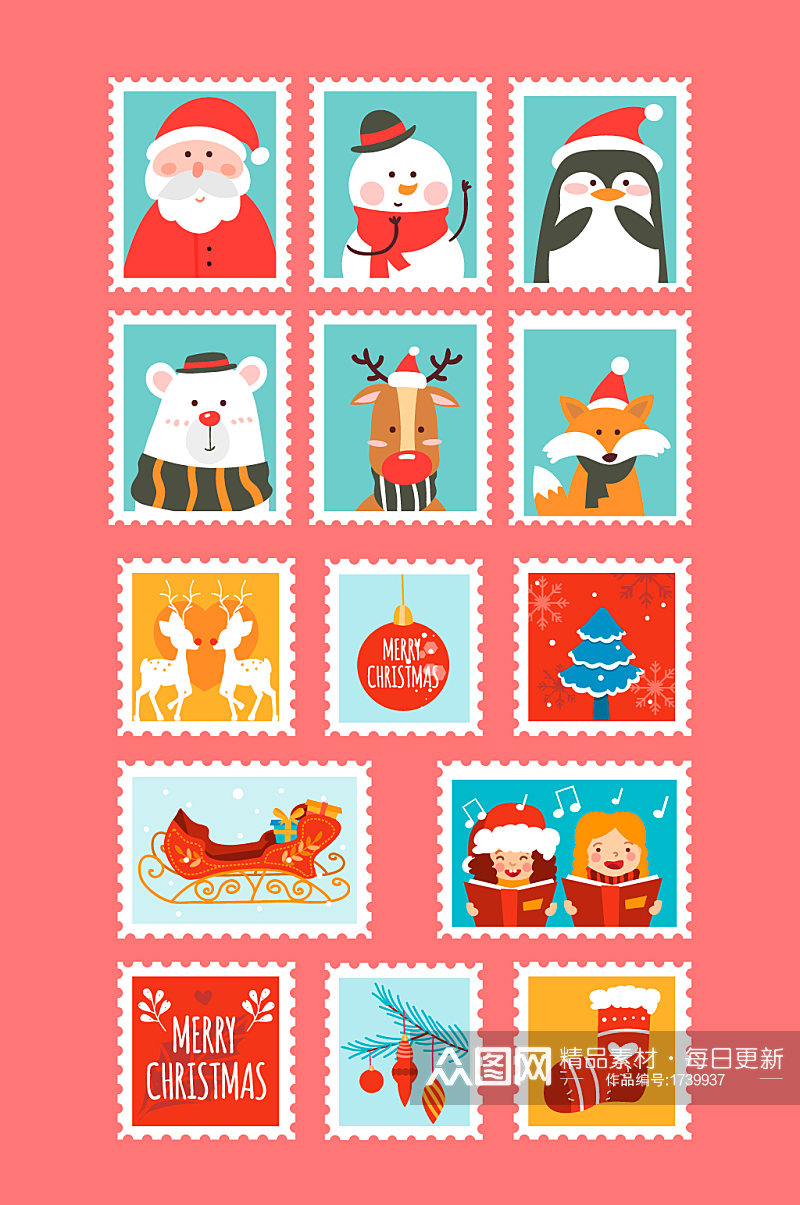圣诞节快乐矢量卡通邮票元素素材