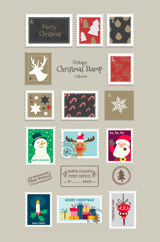 复古圣诞节卡通邮票与邮戳元素