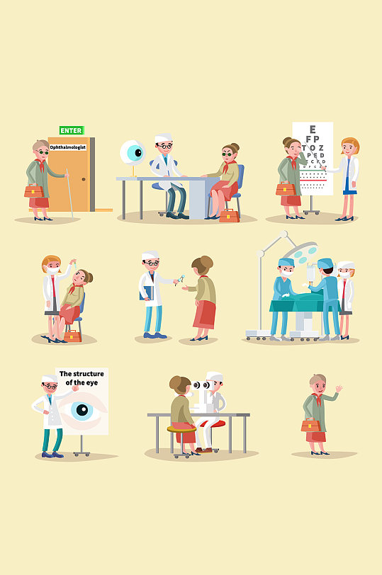 眼科检查诊断矢量人物插画元素