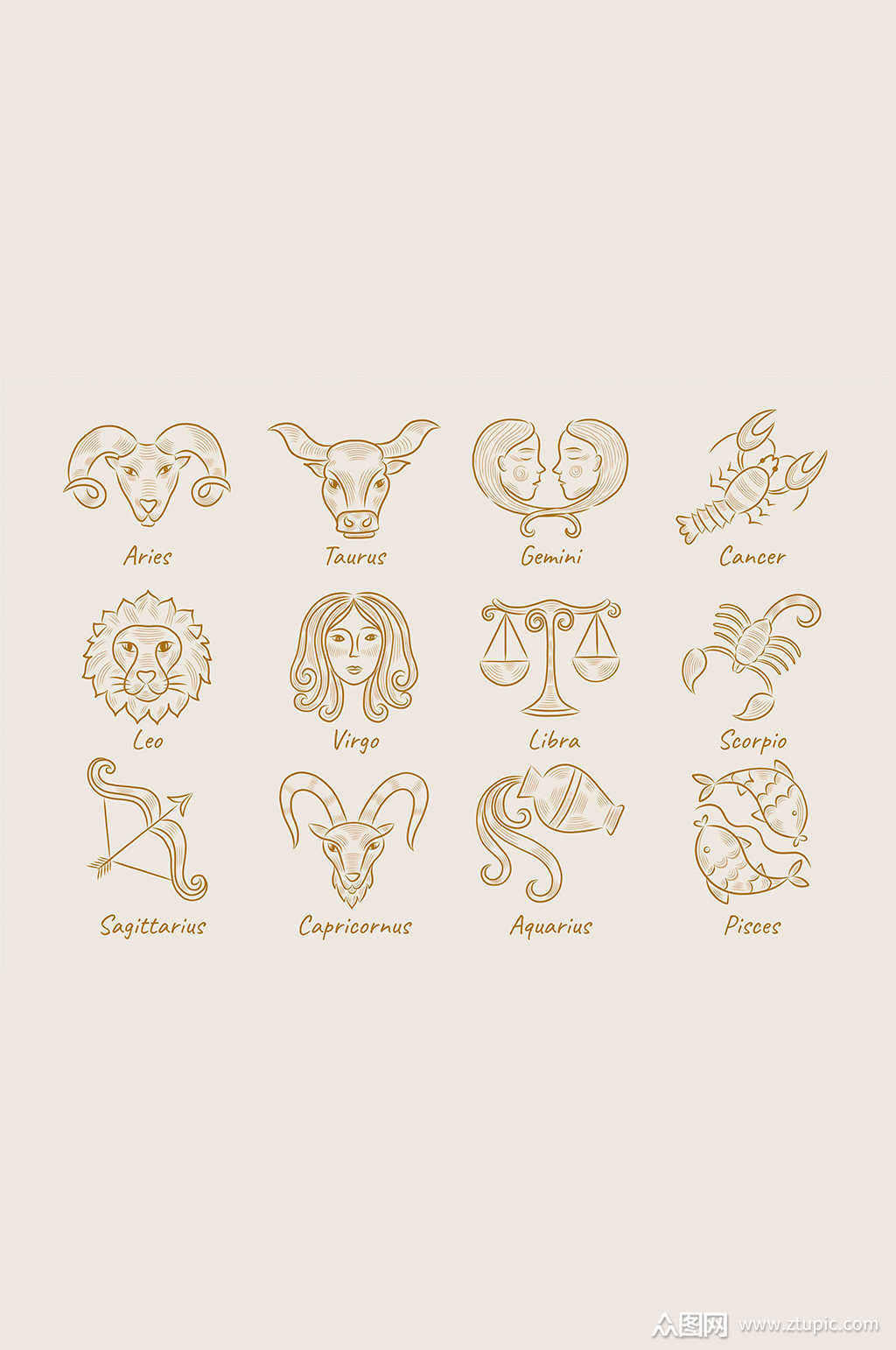 金色线描十二星座图标元素素材