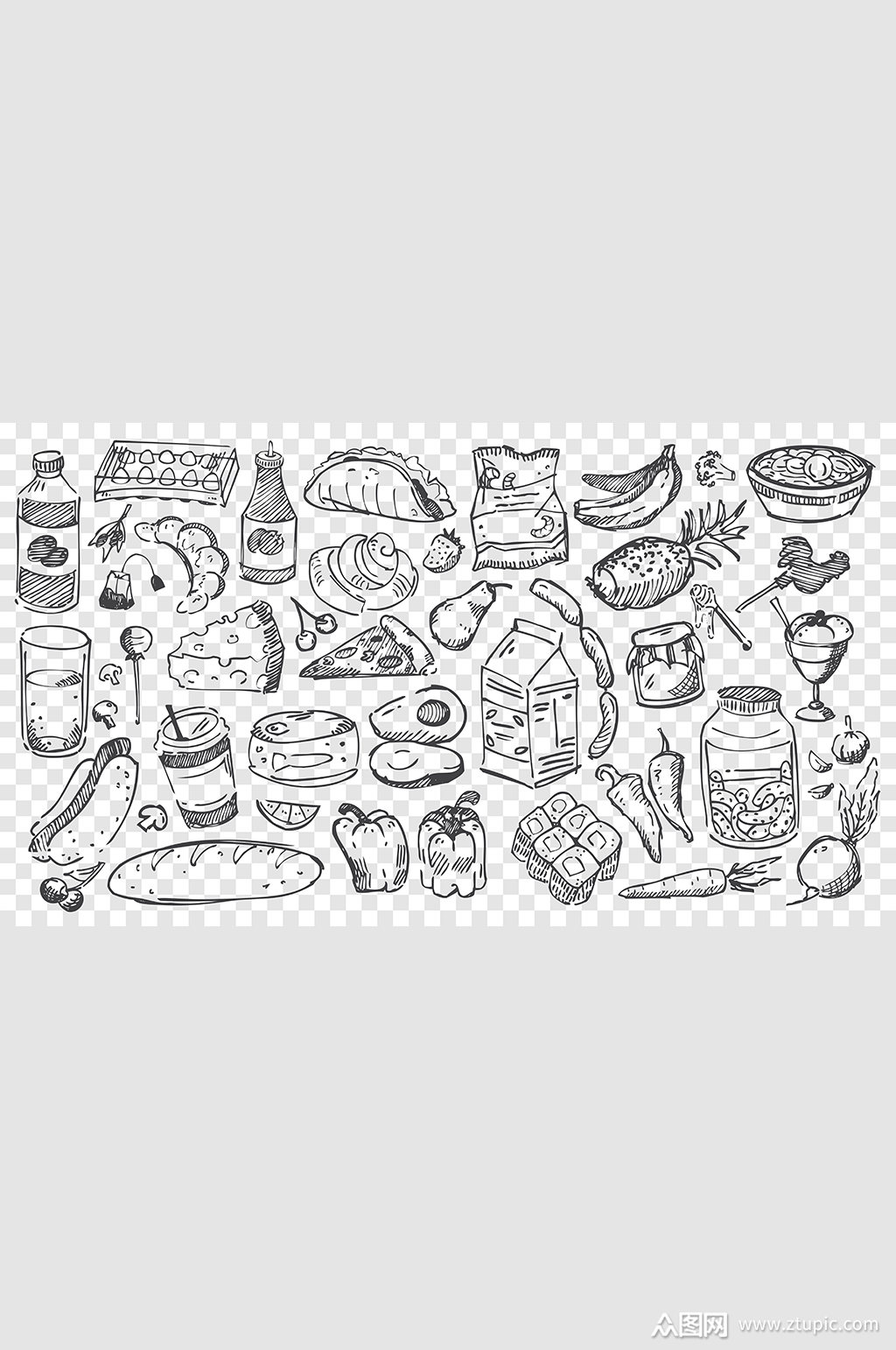 手绘美食快餐涂鸦线描元素素材