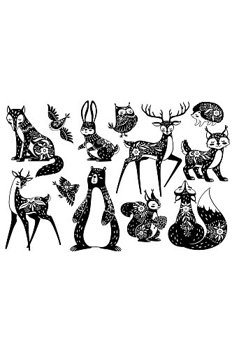 创意手绘森林小动物黑白素描元素