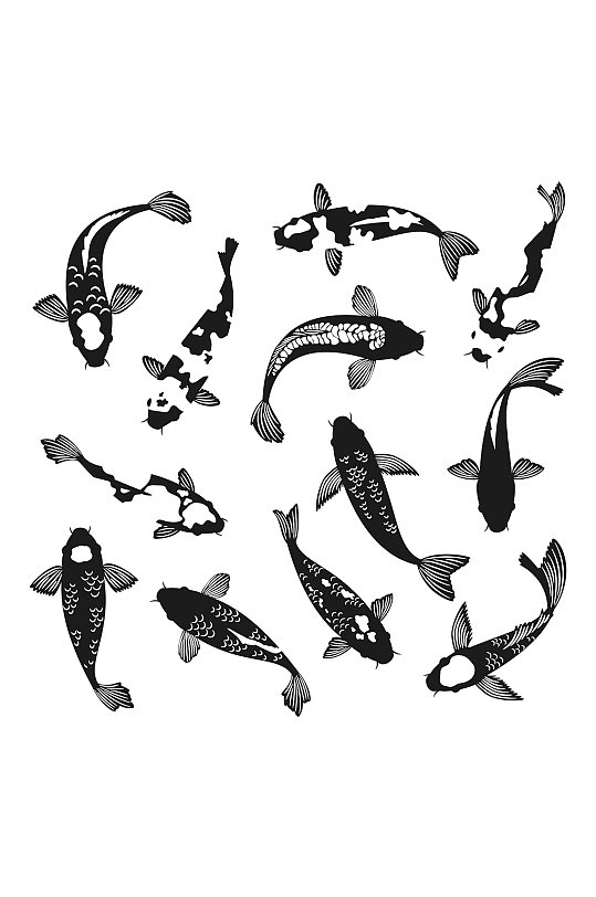 锦鲤矢量黑色剪影元素