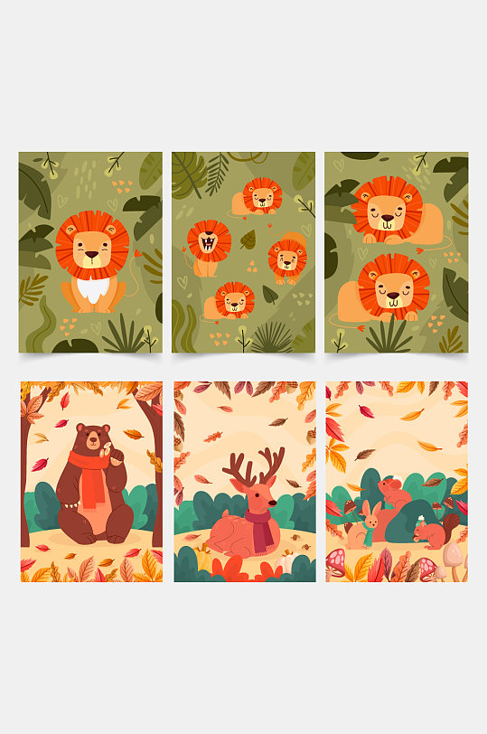 森林小动物狮子熊麋鹿松鼠卡片元素