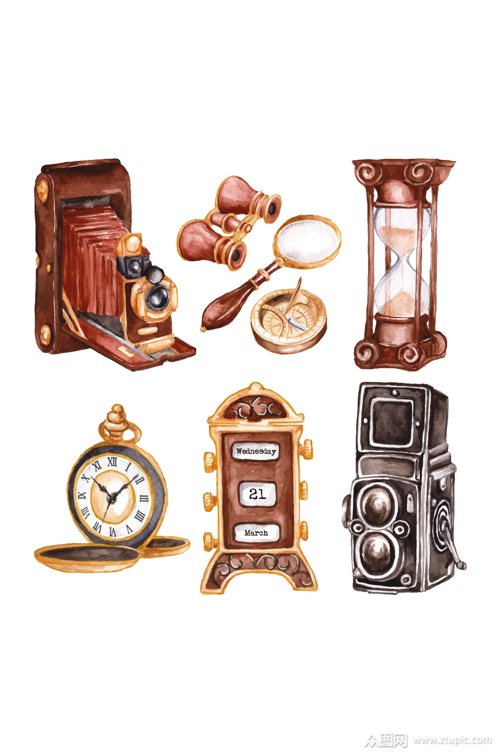 复古手绘相机时钟元素素材