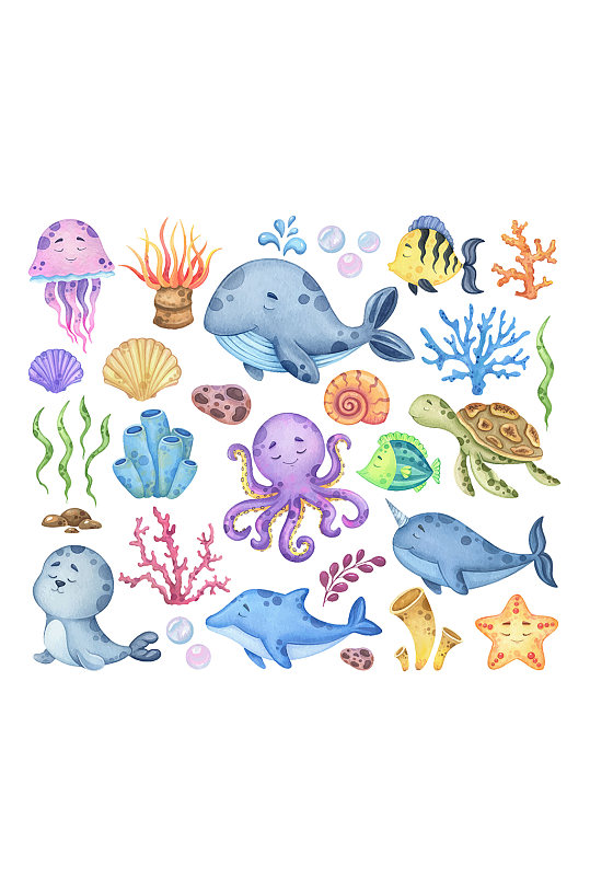 可爱手绘海洋生物宝宝元素