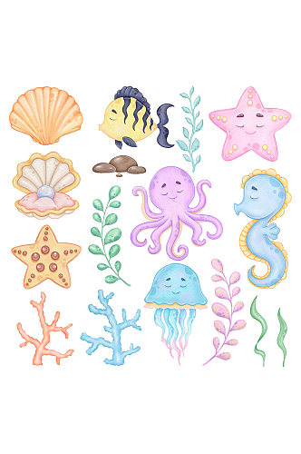 可爱海洋生物卡通元素