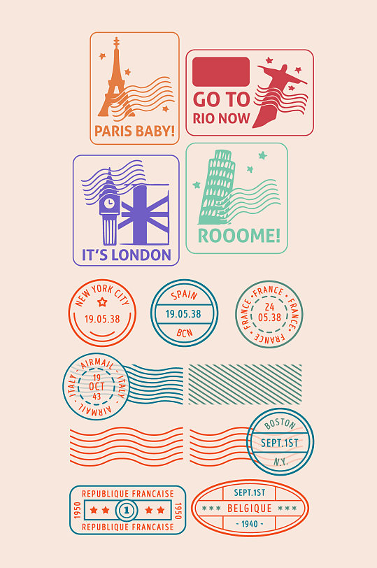 复古旅游景点邮戳矢量元素