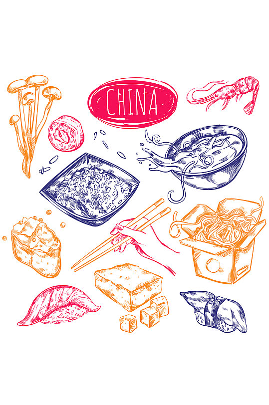 手绘快餐拉面寿司食材元素