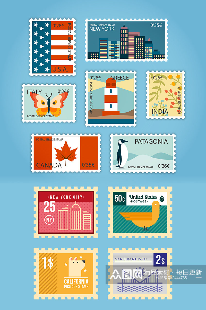 欧美时尚风景邮票矢量元素素材