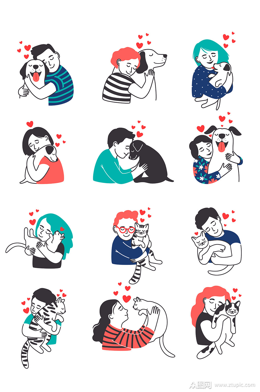 可爱宠物与主人矢量插画元素