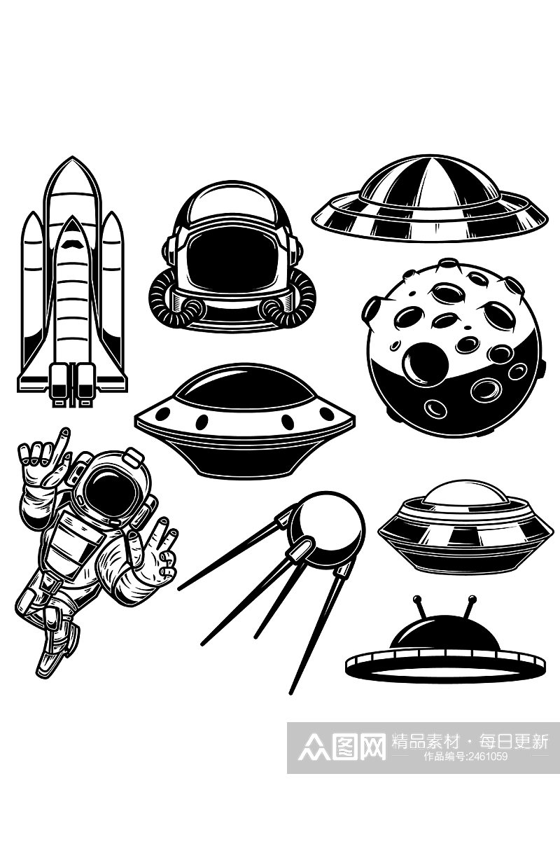 外星飞船火箭宇航员素描元素素材